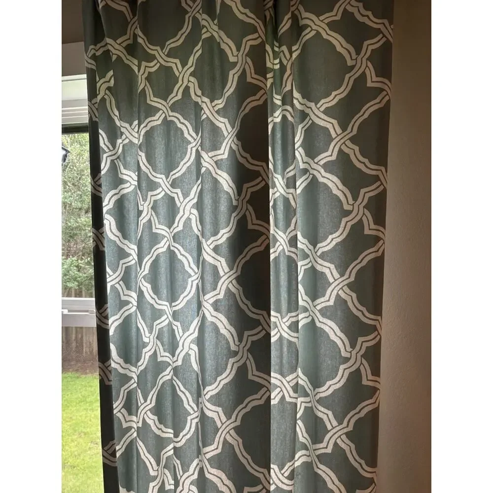 Pottery Barn Curtain Panels Lined Cotton Geometric Blue White w/ Rings Kendra‎